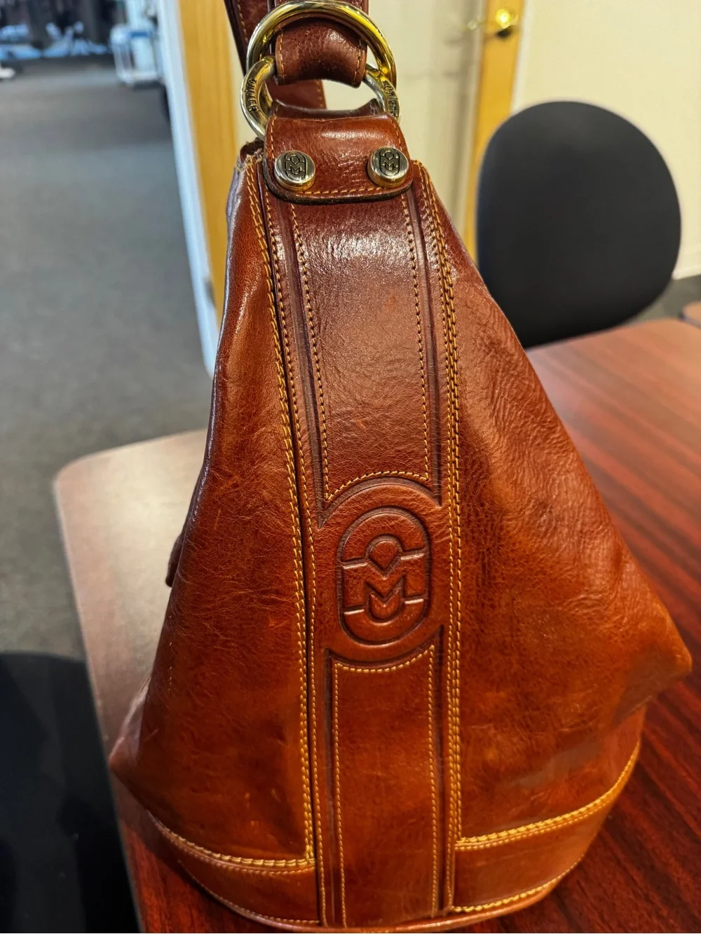 Marino Orlandi Chestnut Brown Leather Messenger Bag with Gold Hardware